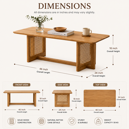 PremWood Solid Wood Rattan Cane Coffee Table | Modern Wooden Centre Table with Woven Cane Panel Legs