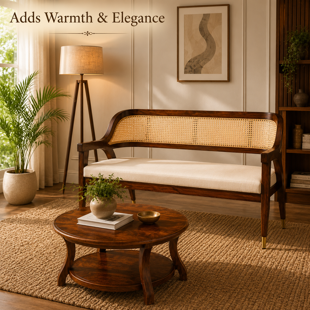 PremWood Solid Sheesham Wood Rattan Sofa Bench 54 Inch | Premium 3 Seater Wooden Sofa