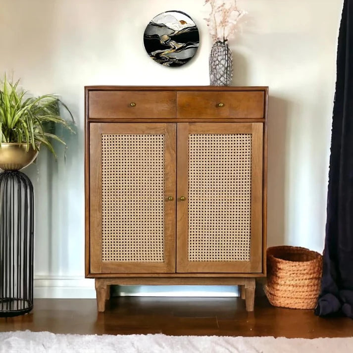 PremWood Atalanta Solid Wood Rattan Cane Storage Cabinet | 2 Door 2 Drawer Wooden Sideboard for Living Room & Bedroom