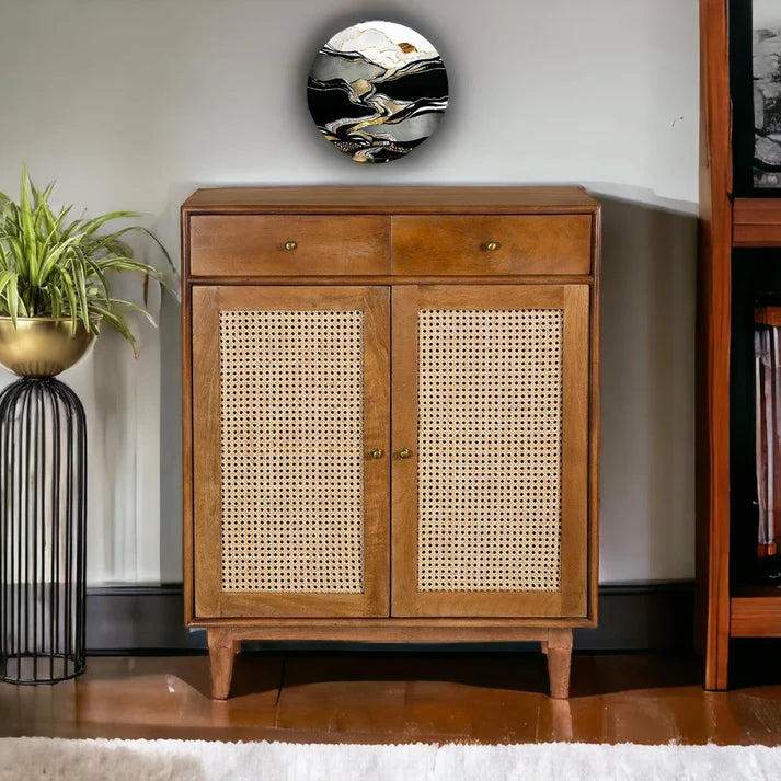 PremWood Atalanta Solid Wood Rattan Cane Storage Cabinet | 2 Door 2 Drawer Wooden Sideboard for Living Room & Bedroom