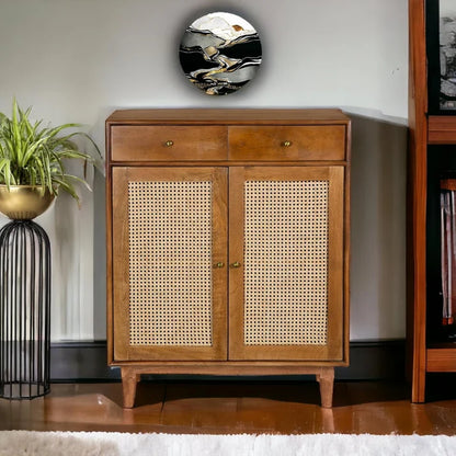 PremWood Atalanta Solid Wood Rattan Cane Storage Cabinet | 2 Door 2 Drawer Wooden Sideboard for Living Room & Bedroom