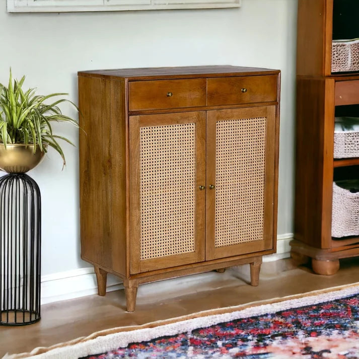 PremWood Atalanta Solid Wood Rattan Cane Storage Cabinet | 2 Door 2 Drawer Wooden Sideboard for Living Room & Bedroom