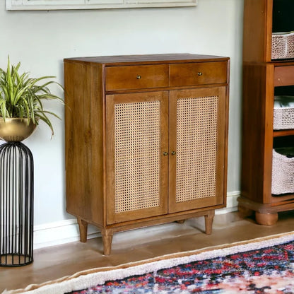 PremWood Atalanta Solid Wood Rattan Cane Storage Cabinet | 2 Door 2 Drawer Wooden Sideboard for Living Room & Bedroom