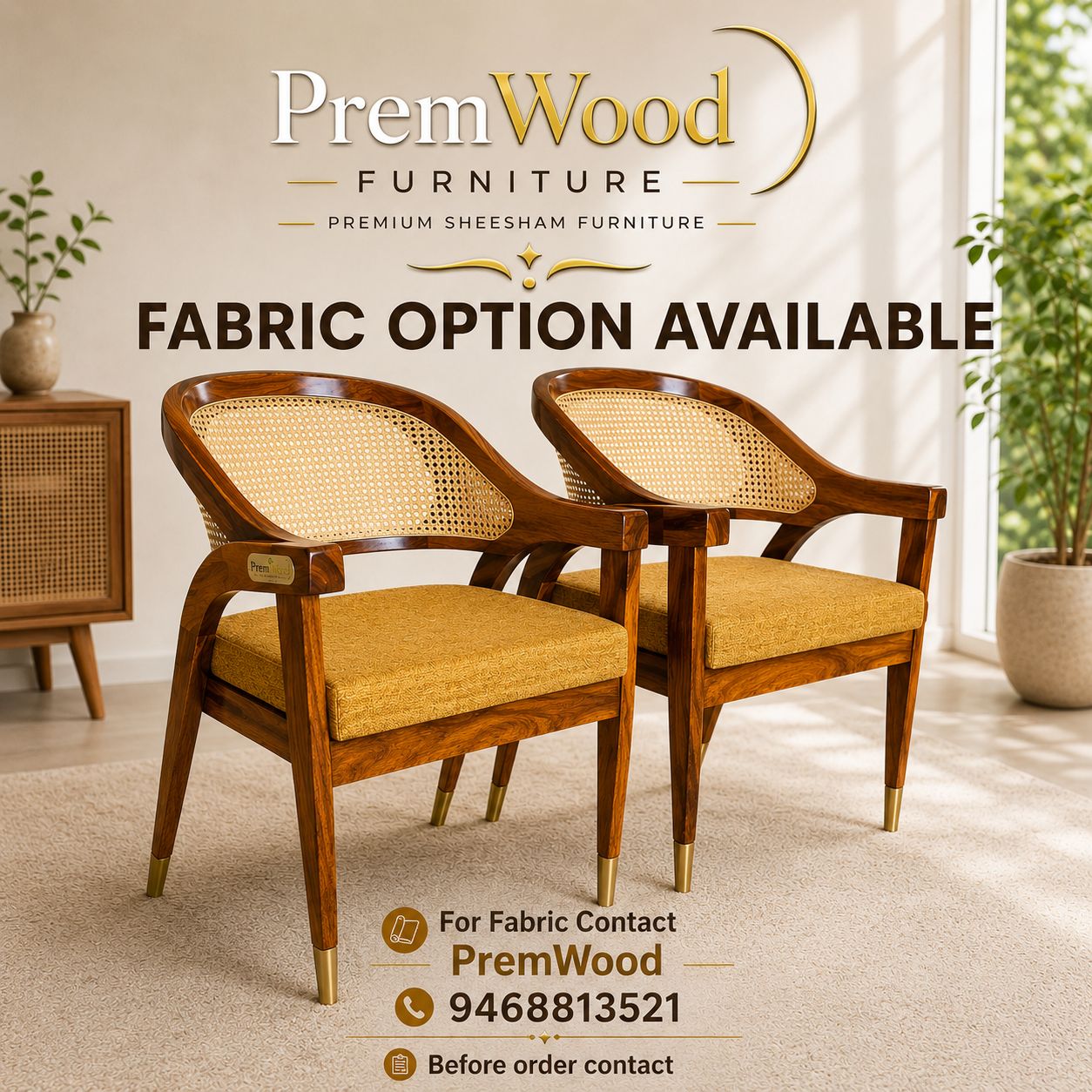 Premwood Rattan Chair Solid Wooden Chair Rattan Arm Chair for Living Room, Bedroom & Home, Brown Colour, (45D x 65W x 95H Centimeters)