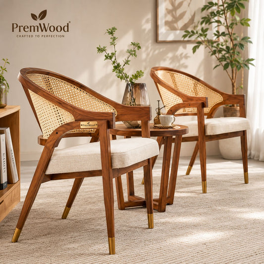 Premwood Rattan Chair Solid Wooden Chair Rattan Arm Chair for Living Room, Bedroom & Home, Brown Colour, (45D x 65W x 95H Centimeters)