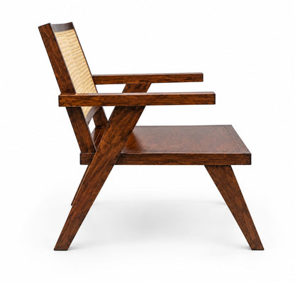 PremWood Solid Wood Armchair with Natural Cane Back, Walnut Finish, Mid-Century Modern Accent Chair for Living Room, Bedroom, Dining Room & Lounge