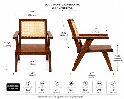 PremWood Solid Wood Armchair with Natural Cane Back, Walnut Finish, Mid-Century Modern Accent Chair for Living Room, Bedroom, Dining Room & Lounge