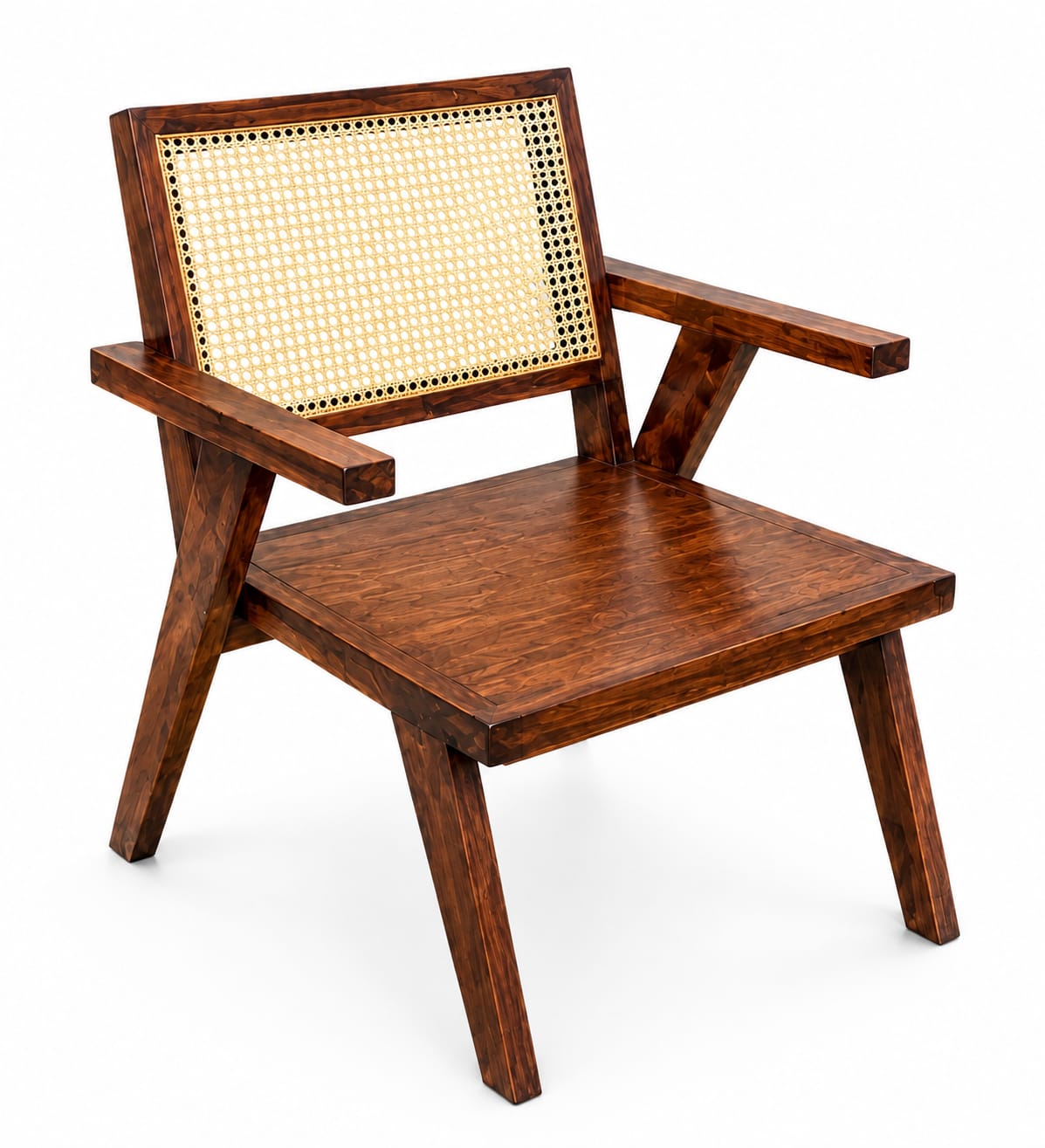 PremWood Solid Wood Armchair with Natural Cane Back, Walnut Finish, Mid-Century Modern Accent Chair for Living Room, Bedroom, Dining Room & Lounge