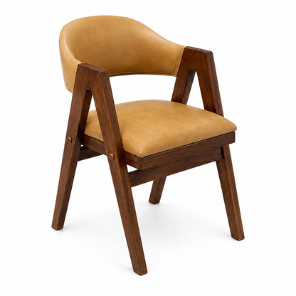 PremWood Mid-Century Solid Wood Dining Arm Chair with Tan Leatherette Upholstery, Wooden Frame, Modern Accent Chair for Dining Room, Living Room & Restaurant