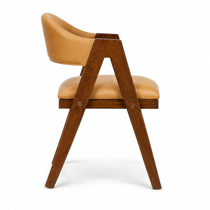 PremWood Mid-Century Solid Wood Dining Arm Chair with Tan Leatherette Upholstery, Wooden Frame, Modern Accent Chair for Dining Room, Living Room & Restaurant