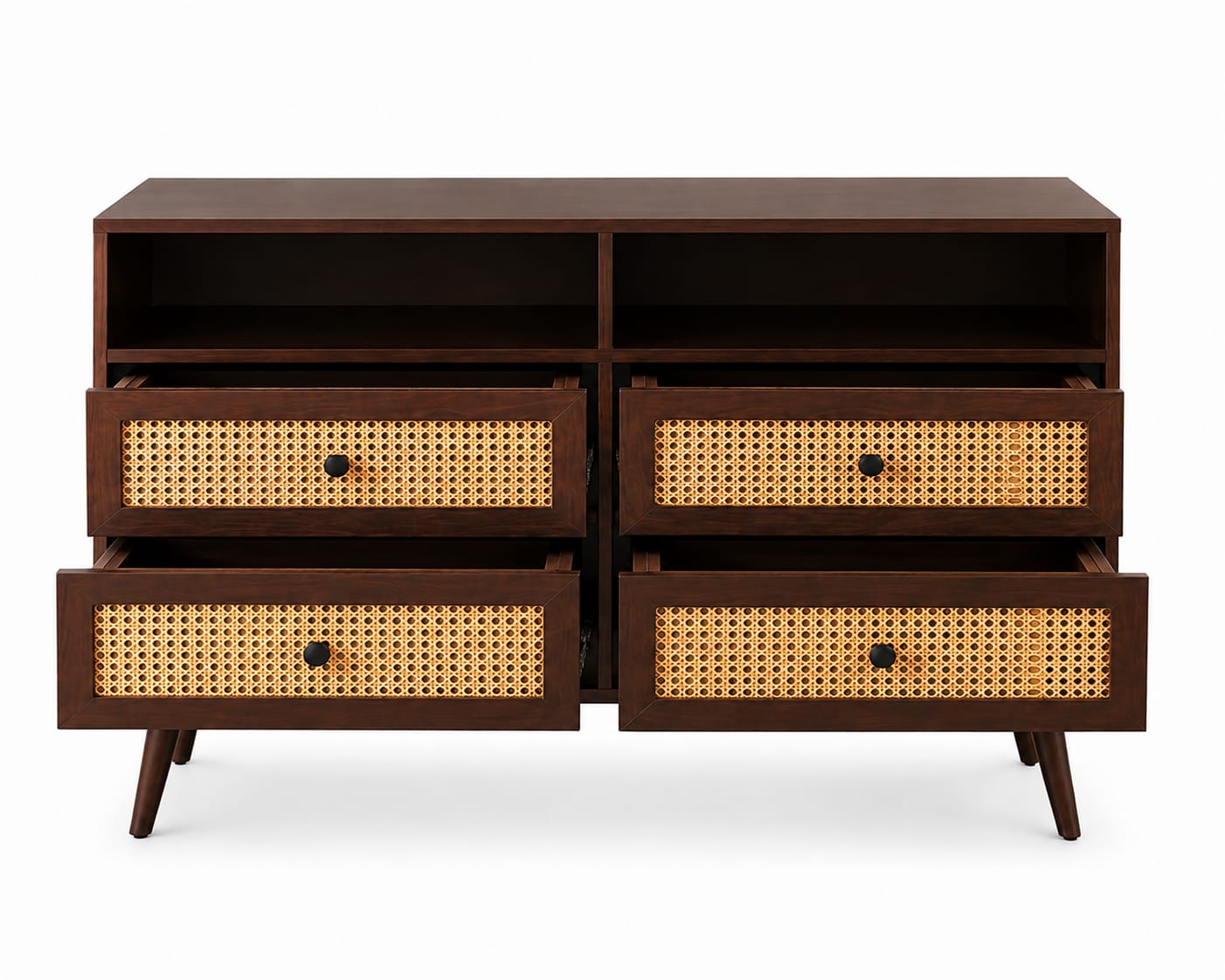 PremWood Rattan Dresser with 4 Drawers & 2 Open Shelves, Solid Wood Storage Cabinet, Cane Wicker Front, Dark Brown Finish, Mid-Century Modern Chest of Drawers