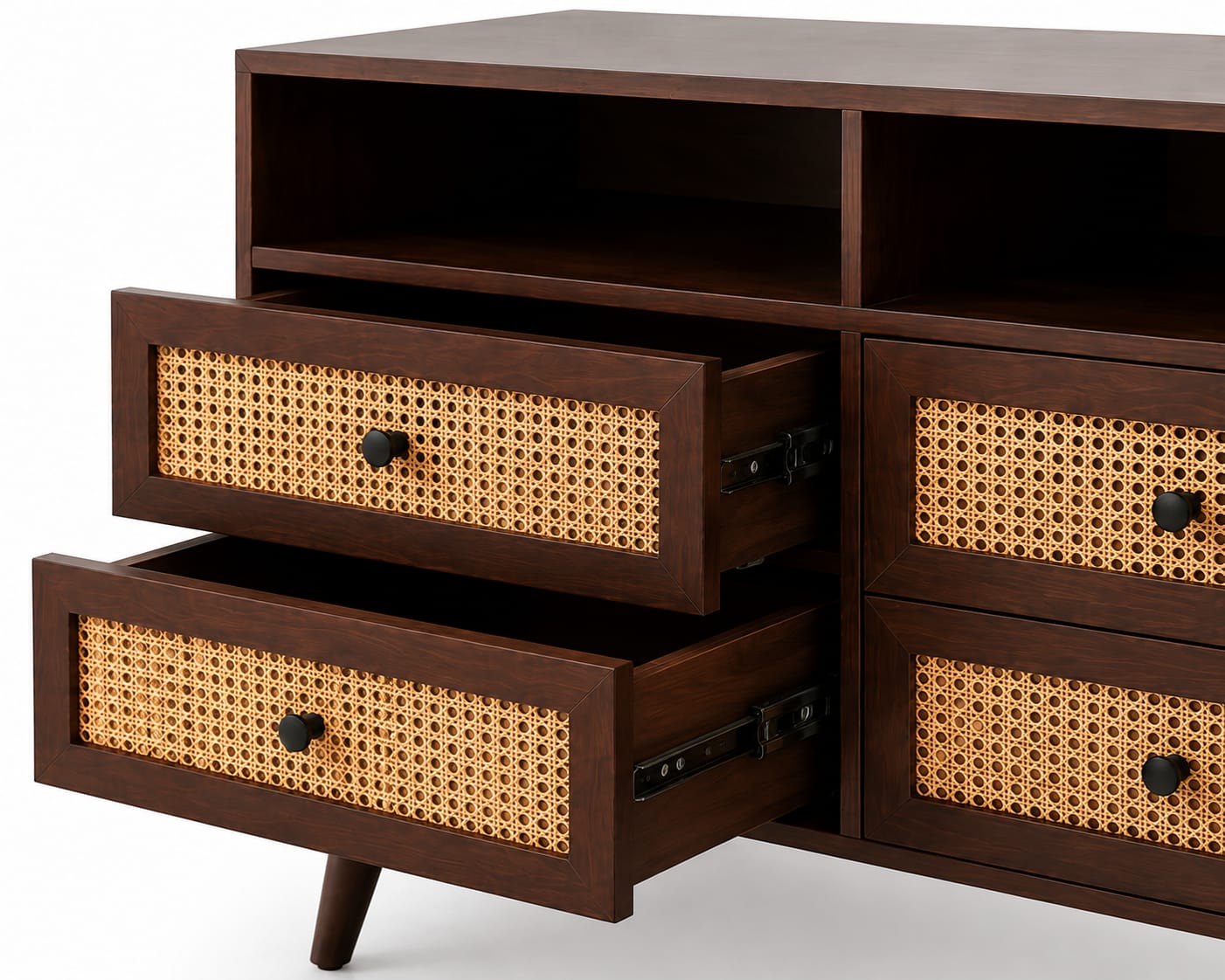 PremWood Rattan Dresser with 4 Drawers & 2 Open Shelves, Solid Wood Storage Cabinet, Cane Wicker Front, Dark Brown Finish, Mid-Century Modern Chest of Drawers