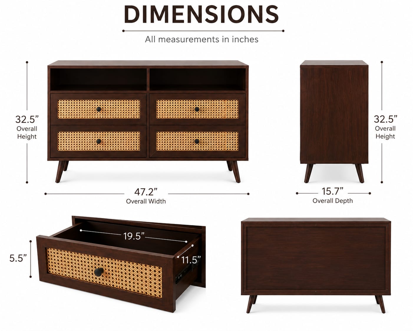 PremWood Rattan Dresser with 4 Drawers & 2 Open Shelves, Solid Wood Storage Cabinet, Cane Wicker Front, Dark Brown Finish, Mid-Century Modern Chest of Drawers