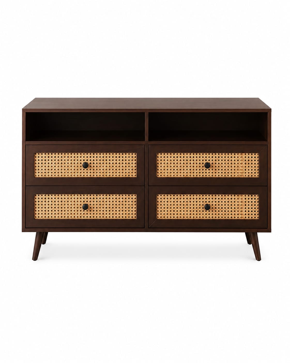 PremWood Rattan Dresser with 4 Drawers & 2 Open Shelves, Solid Wood Storage Cabinet, Cane Wicker Front, Dark Brown Finish, Mid-Century Modern Chest of Drawers