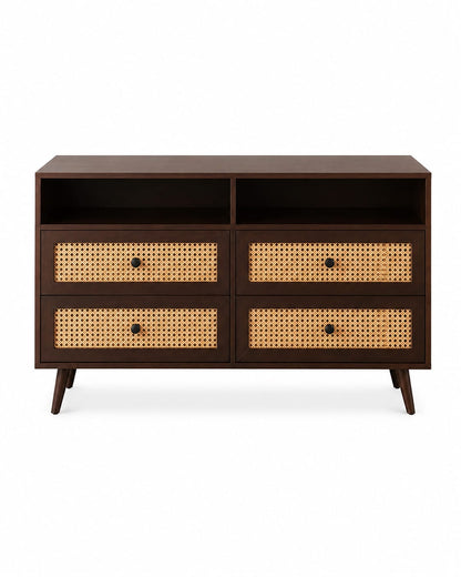 PremWood Rattan Dresser with 4 Drawers & 2 Open Shelves, Solid Wood Storage Cabinet, Cane Wicker Front, Dark Brown Finish, Mid-Century Modern Chest of Drawers