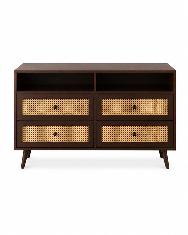 PremWood Rattan Dresser with 4 Drawers & 2 Open Shelves, Solid Wood Storage Cabinet, Cane Wicker Front, Dark Brown Finish, Mid-Century Modern Chest of Drawers