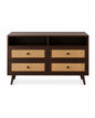 PremWood Rattan Dresser with 4 Drawers & 2 Open Shelves, Solid Wood Storage Cabinet, Cane Wicker Front, Dark Brown Finish, Mid-Century Modern Chest of Drawers