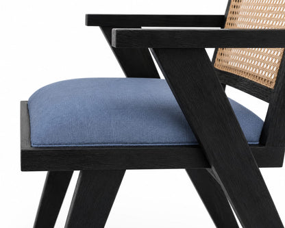 PremWood Cane Back Dining Armchair with Blue Upholstered Seat, Solid Wood Frame, Natural Rattan Cane Backrest, Mid-Century Modern Accent Chair for Dining Room & Living Room