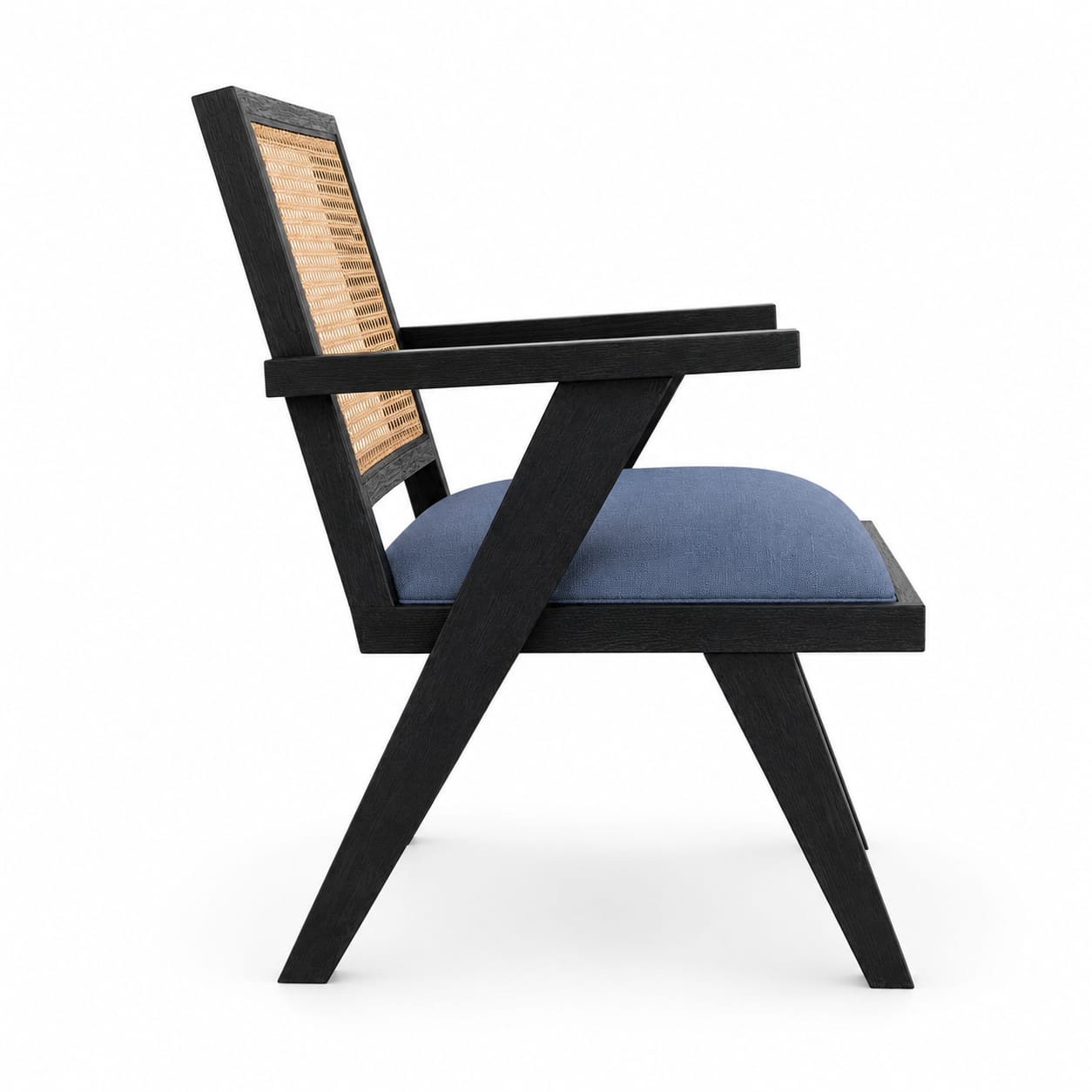 PremWood Cane Back Dining Armchair with Blue Upholstered Seat, Solid Wood Frame, Natural Rattan Cane Backrest, Mid-Century Modern Accent Chair for Dining Room & Living Room