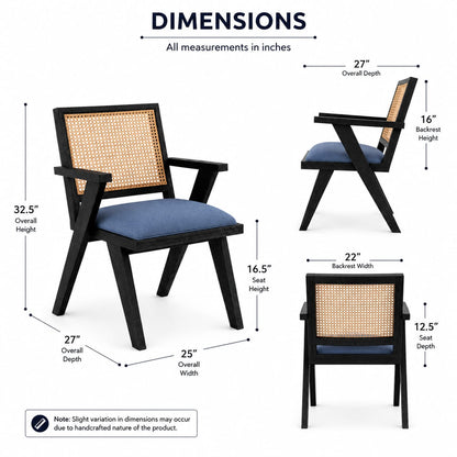 PremWood Cane Back Dining Armchair with Blue Upholstered Seat, Solid Wood Frame, Natural Rattan Cane Backrest, Mid-Century Modern Accent Chair for Dining Room & Living Room