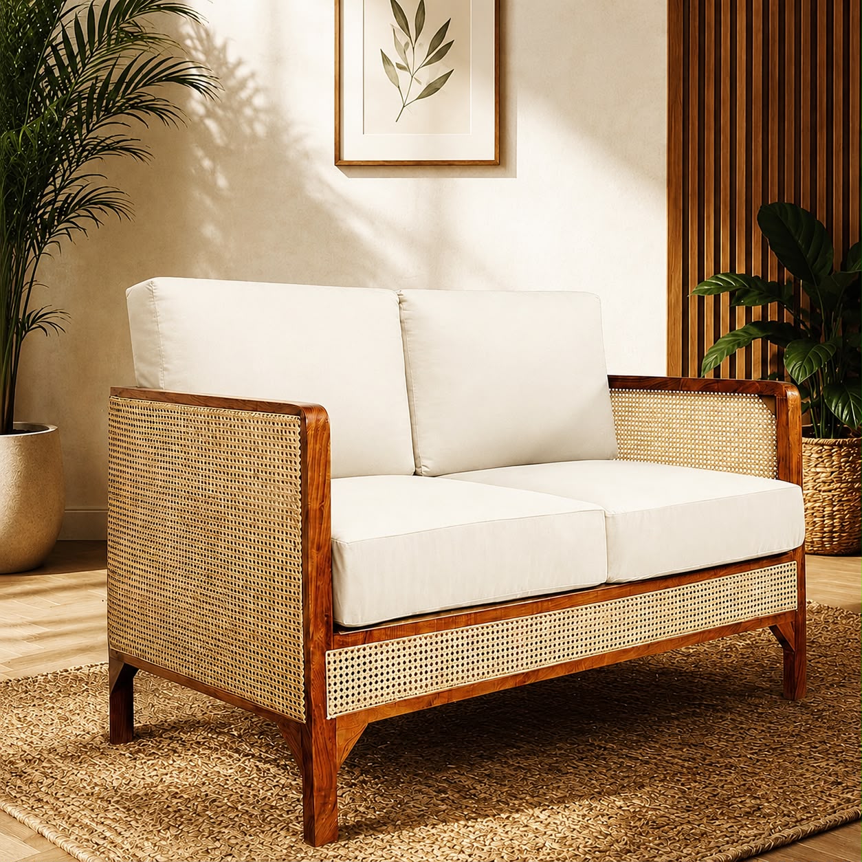 Premwood Rattan 2-Seater Sofa with Premium Cushions | Solid Sheesham Wood Frame | Handwoven Natural Cane | Modern Living Room Loveseat | Ivory Cushions | Honey Finish