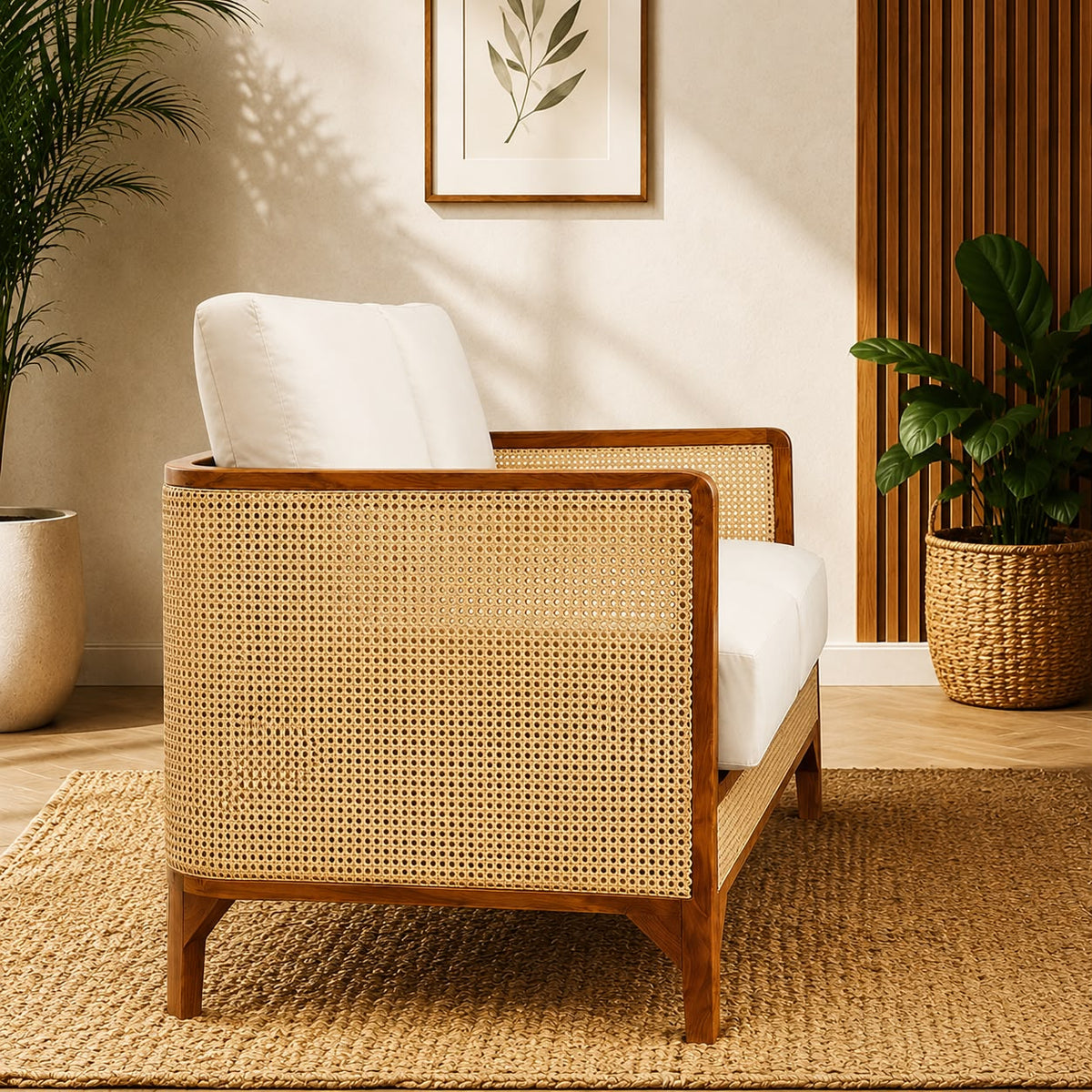 Premwood Rattan 2-Seater Sofa with Premium Cushions | Solid Sheesham Wood Frame | Handwoven Natural Cane | Modern Living Room Loveseat | Ivory Cushions | Honey Finish