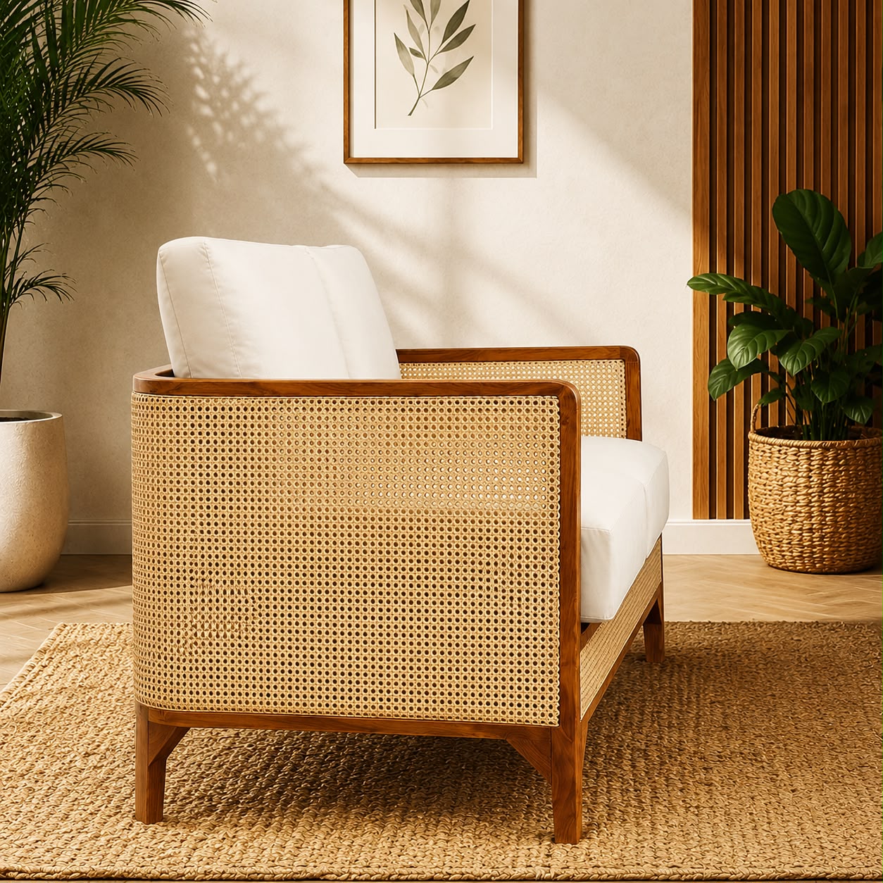 Premwood Rattan 2-Seater Sofa with Premium Cushions | Solid Sheesham Wood Frame | Handwoven Natural Cane | Modern Living Room Loveseat | Ivory Cushions | Honey Finish