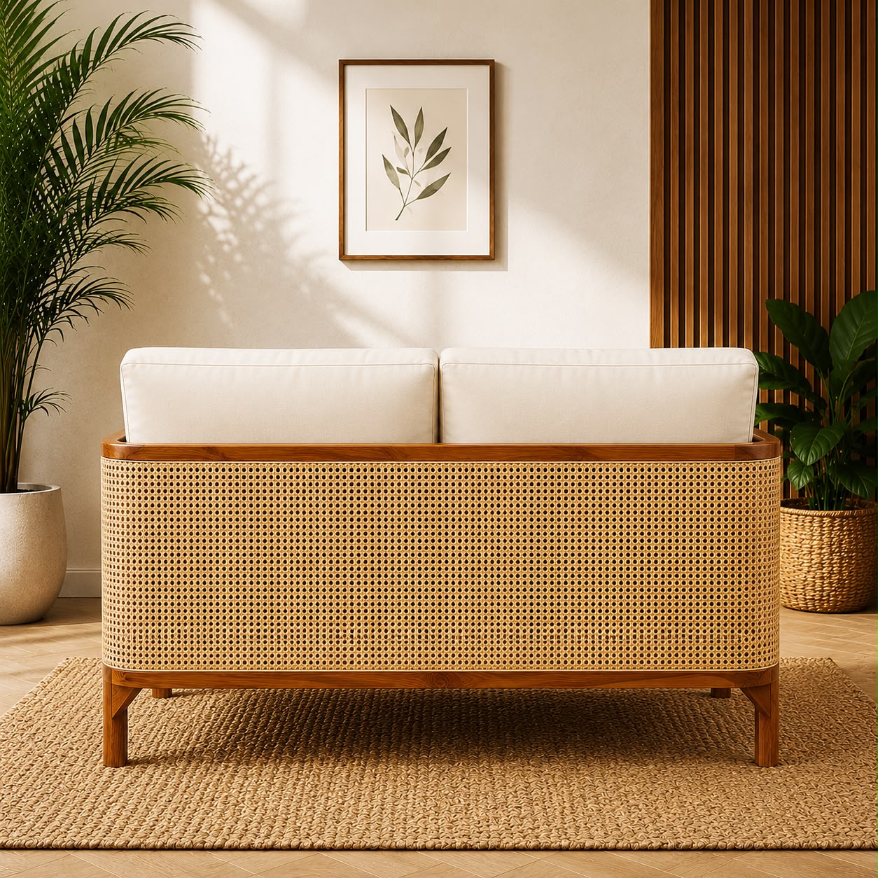 Premwood Rattan 2-Seater Sofa with Premium Cushions | Solid Sheesham Wood Frame | Handwoven Natural Cane | Modern Living Room Loveseat | Ivory Cushions | Honey Finish