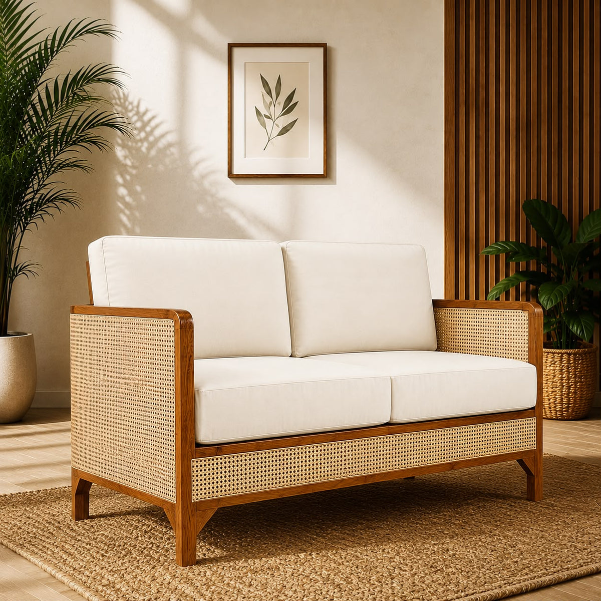Premwood Rattan 2-Seater Sofa with Premium Cushions | Solid Sheesham Wood Frame | Handwoven Natural Cane | Modern Living Room Loveseat | Ivory Cushions | Honey Finish