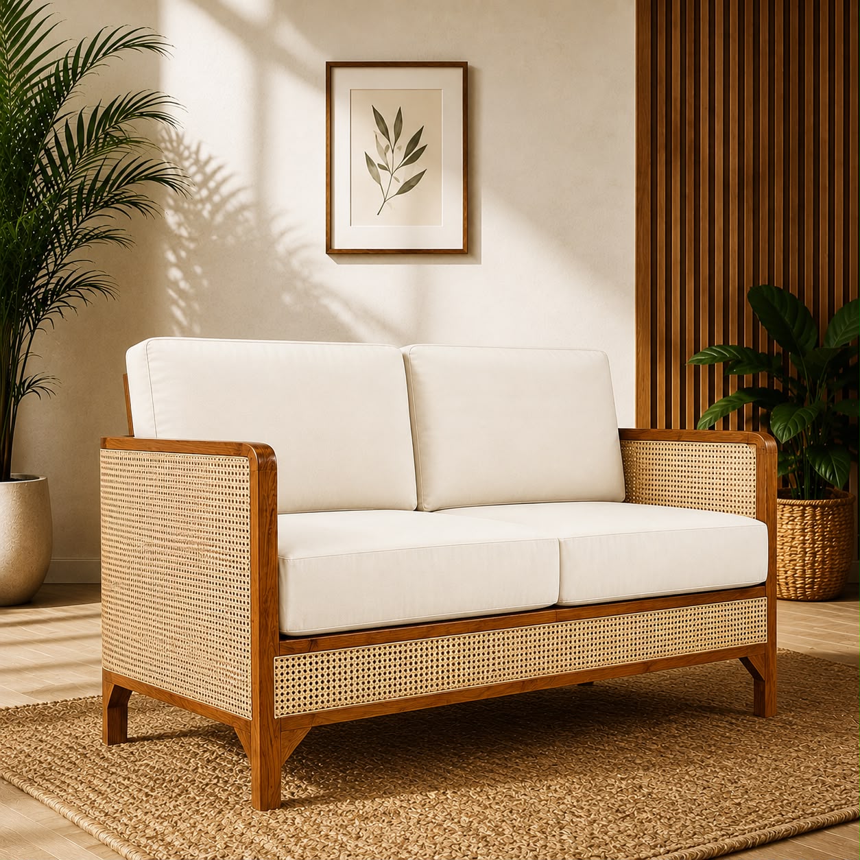 Premwood Rattan 2-Seater Sofa with Premium Cushions | Solid Sheesham Wood Frame | Handwoven Natural Cane | Modern Living Room Loveseat | Ivory Cushions | Honey Finish