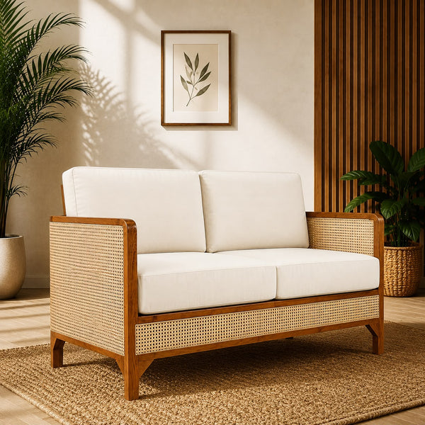 Premwood Rattan 2-Seater Sofa with Premium Cushions | Solid Sheesham Wood Frame | Handwoven Natural Cane | Modern Living Room Loveseat | Ivory Cushions | Honey Finish