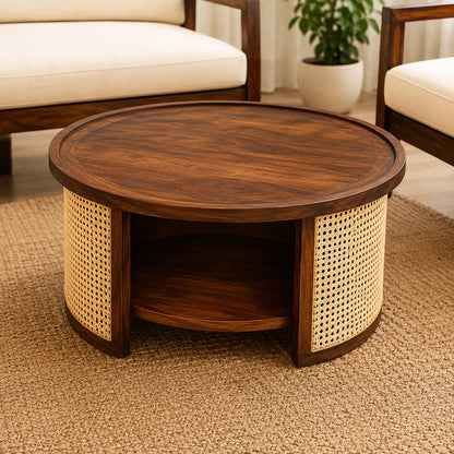Premwood Solid Sheesham Wood Round Coffee Table with Natural Cane Panels & Open Storage Shelf | Walnut Finish Wooden Center Table for Living Room