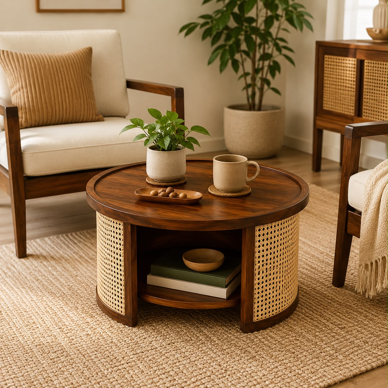 Premwood Solid Sheesham Wood Round Coffee Table with Natural Cane Panels & Open Storage Shelf | Walnut Finish Wooden Center Table for Living Room