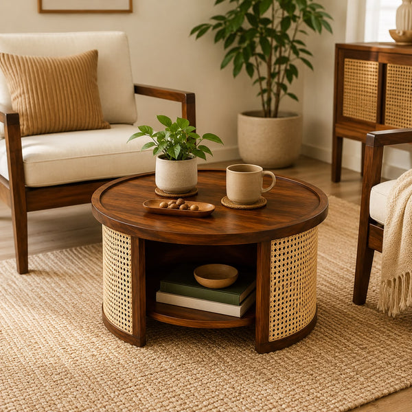 Premwood Solid Sheesham Wood Round Coffee Table with Natural Cane Panels & Open Storage Shelf | Walnut Finish Wooden Center Table for Living Room