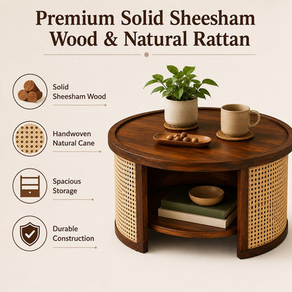 Premwood Solid Sheesham Wood Round Coffee Table with Natural Cane Panels & Open Storage Shelf | Walnut Finish Wooden Center Table for Living Room