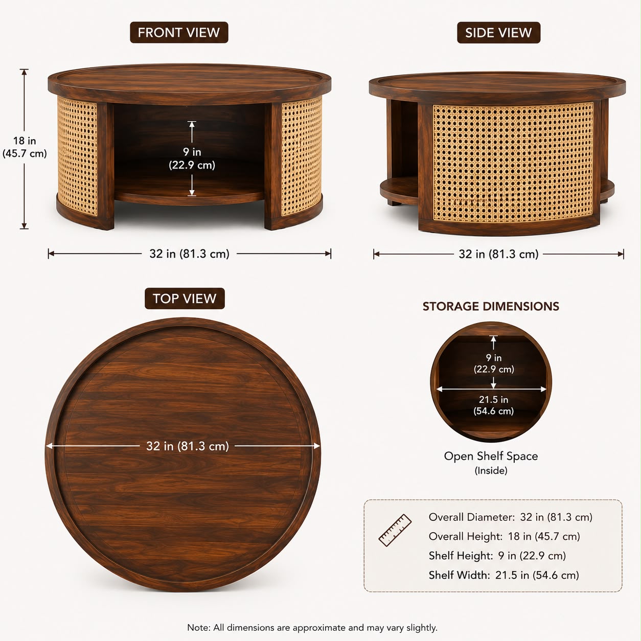 Premwood Solid Sheesham Wood Round Coffee Table with Natural Cane Panels & Open Storage Shelf | Walnut Finish Wooden Center Table for Living Room