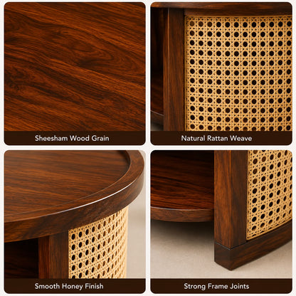 Premwood Solid Sheesham Wood Round Coffee Table with Natural Cane Panels & Open Storage Shelf | Walnut Finish Wooden Center Table for Living Room