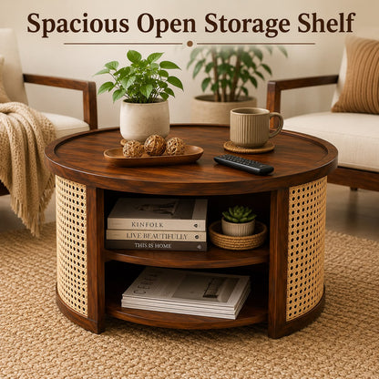 Premwood Solid Sheesham Wood Round Coffee Table with Natural Cane Panels & Open Storage Shelf | Walnut Finish Wooden Center Table for Living Room