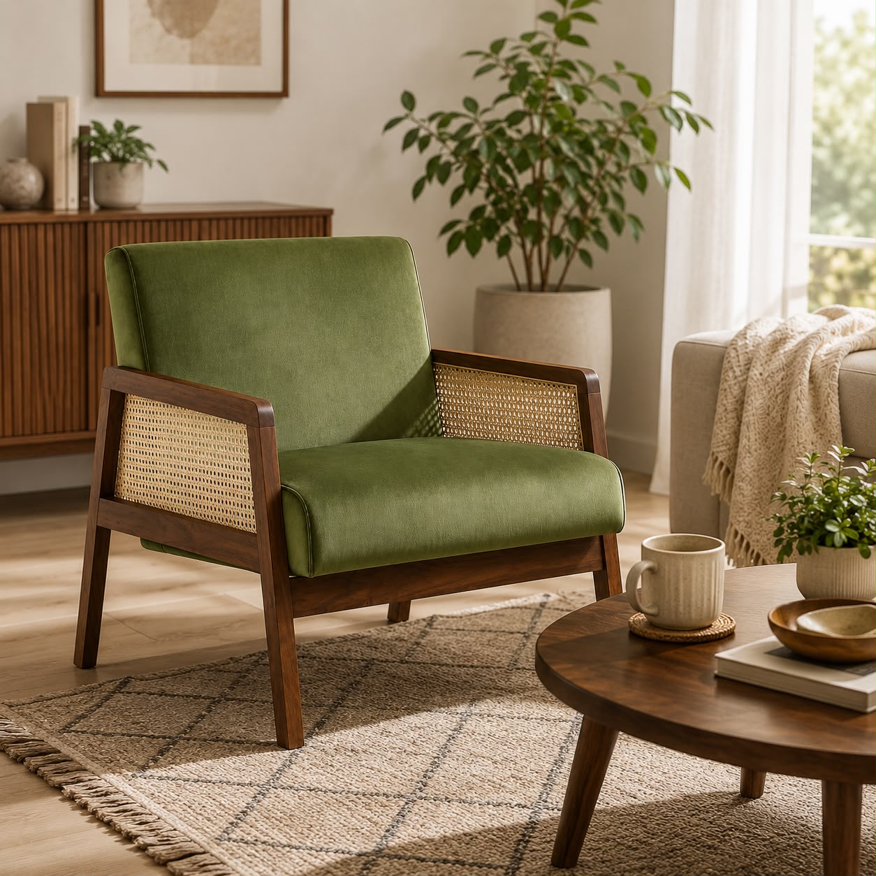 Premwood Solid Sheesham Wood Cane Arm Chair with Olive Green Velvet Upholstery | Walnut Finish Accent Chair for Living Room, Bedroom & Lounge
