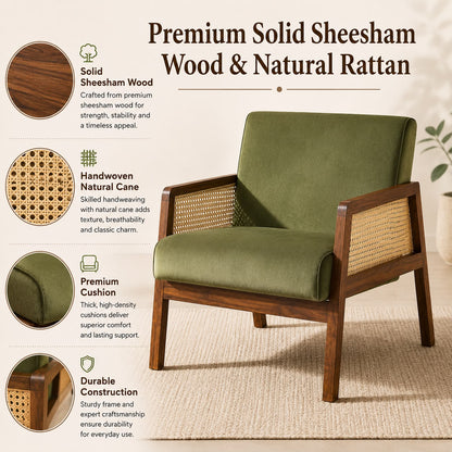 Premwood Solid Sheesham Wood Cane Arm Chair with Olive Green Velvet Upholstery | Walnut Finish Accent Chair for Living Room, Bedroom & Lounge