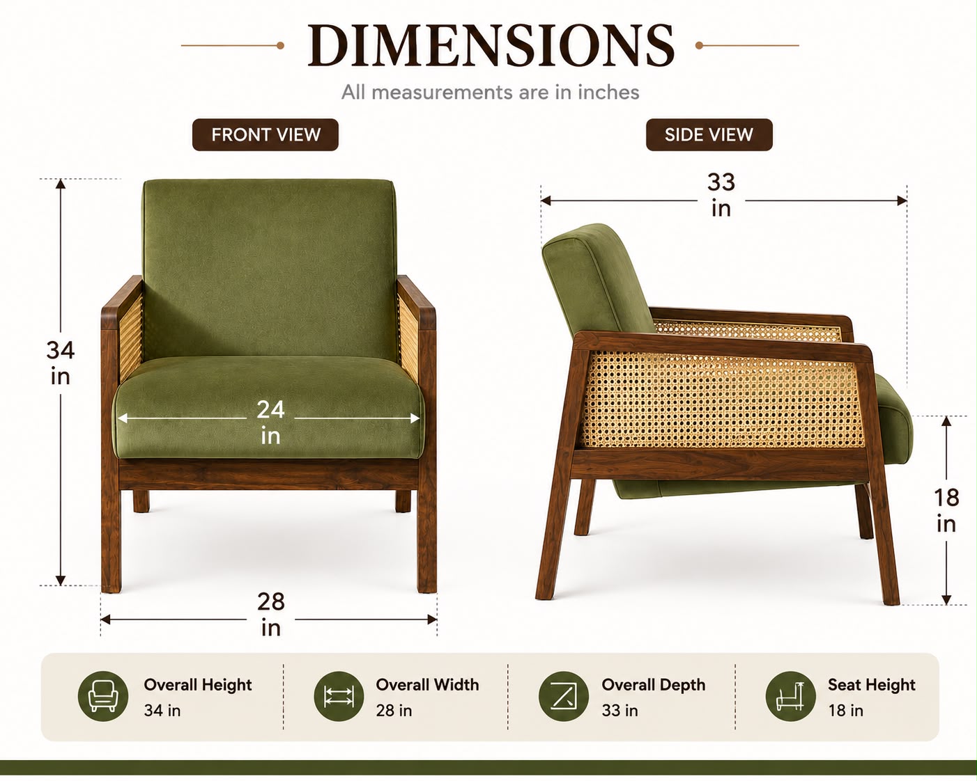 Premwood Solid Sheesham Wood Cane Arm Chair with Olive Green Velvet Upholstery | Walnut Finish Accent Chair for Living Room, Bedroom & Lounge