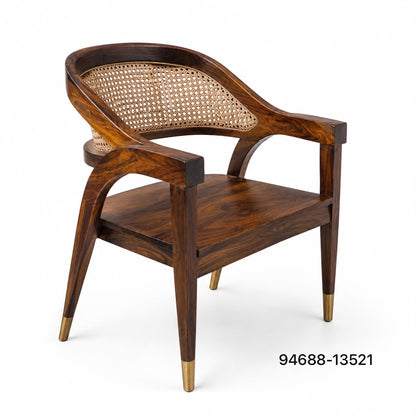 PremWood Solid Wood Cane Armchair – Handwoven Rattan Backrest, Ergonomic Wooden Accent Chair for Living Room & Bedroom