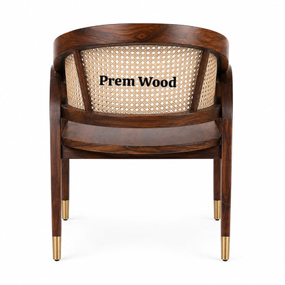 PremWood Solid Wood Cane Armchair – Handwoven Rattan Backrest, Ergonomic Wooden Accent Chair for Living Room & Bedroom