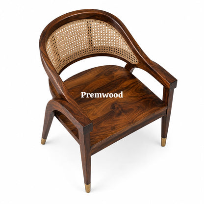PremWood Solid Wood Cane Armchair – Handwoven Rattan Backrest, Ergonomic Wooden Accent Chair for Living Room & Bedroom