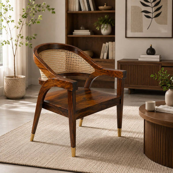 PremWood Solid Wood Cane Armchair – Handwoven Rattan Backrest, Ergonomic Wooden Accent Chair for Living Room & Bedroom