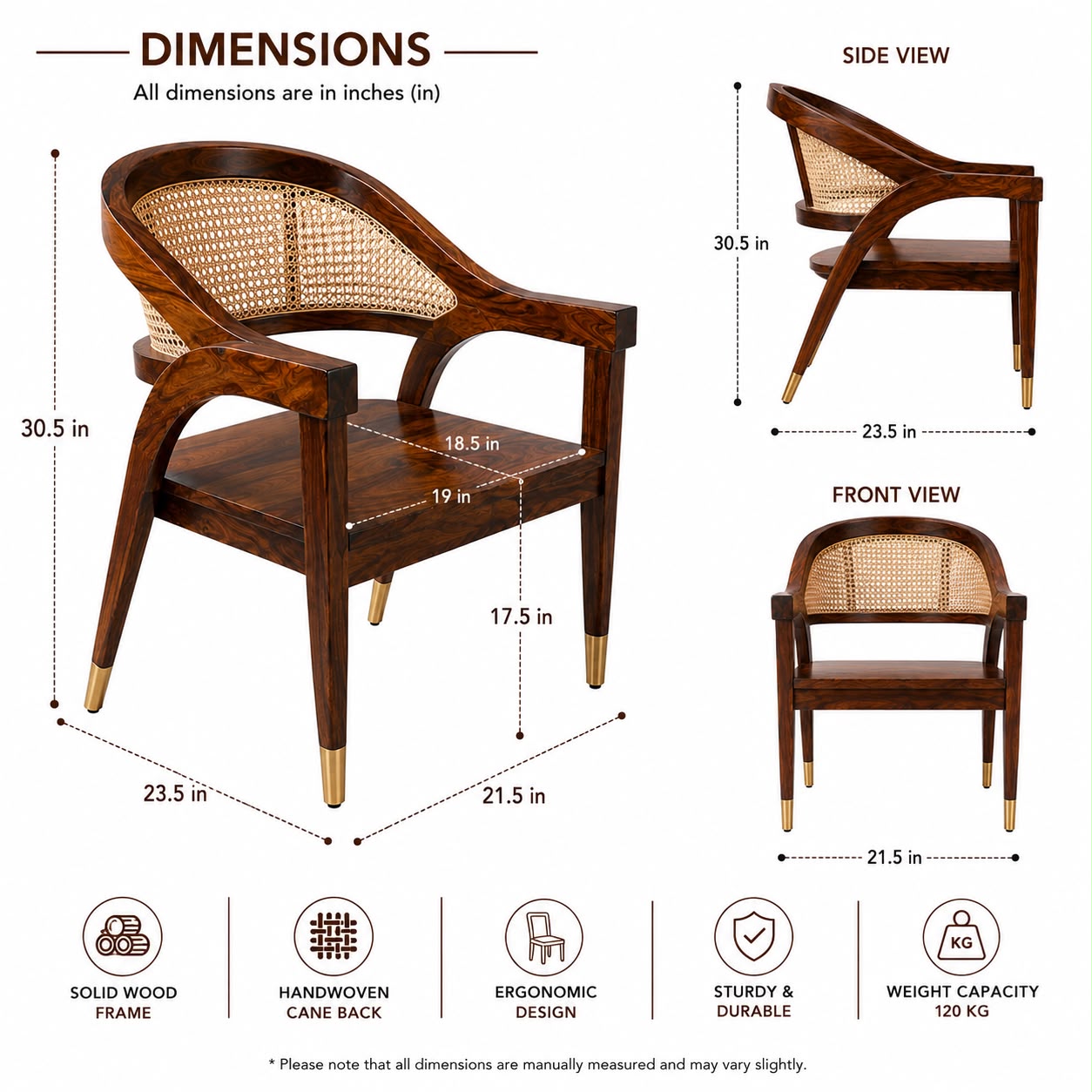 PremWood Solid Wood Cane Armchair – Handwoven Rattan Backrest, Ergonomic Wooden Accent Chair for Living Room & Bedroom