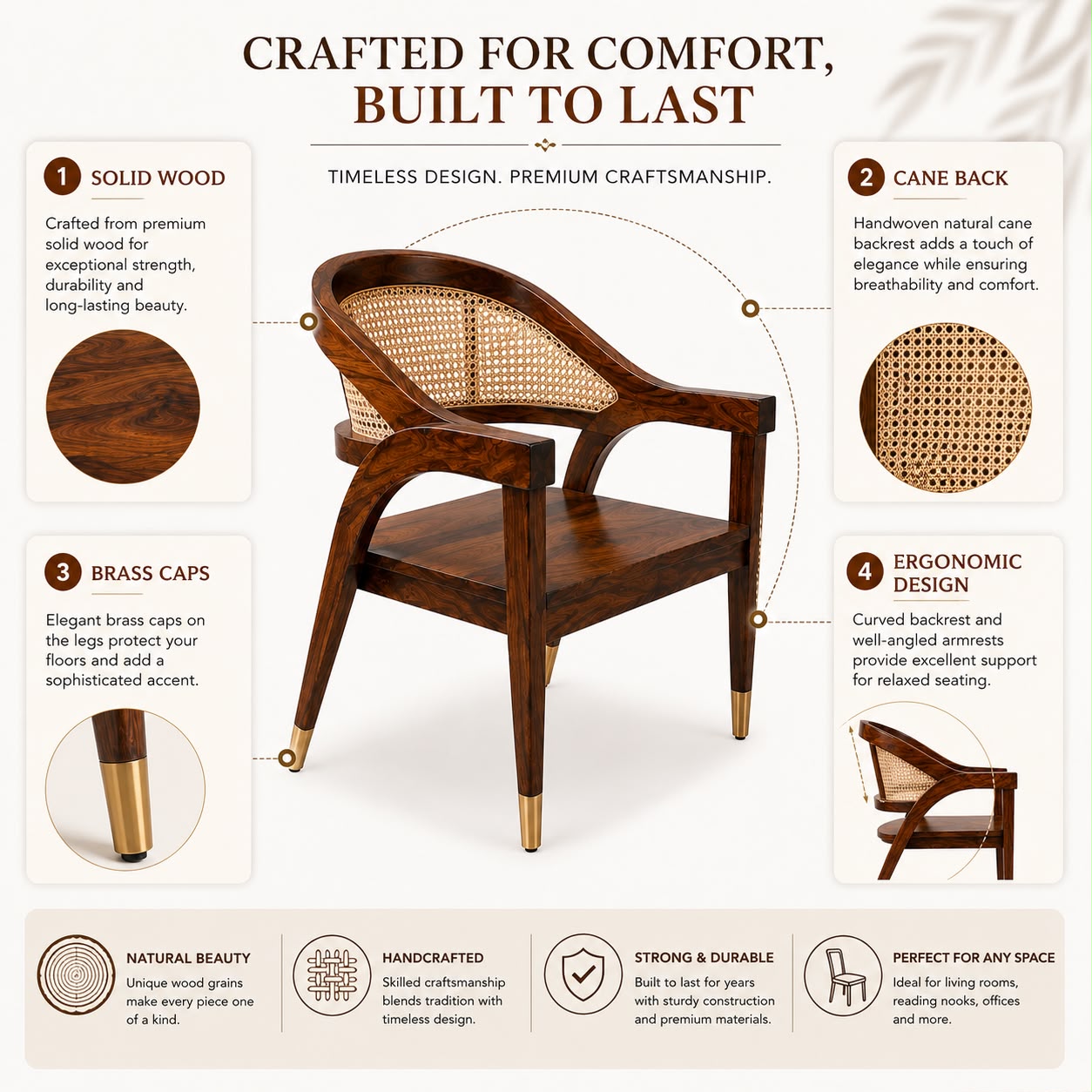 PremWood Solid Wood Cane Armchair – Handwoven Rattan Backrest, Ergonomic Wooden Accent Chair for Living Room & Bedroom