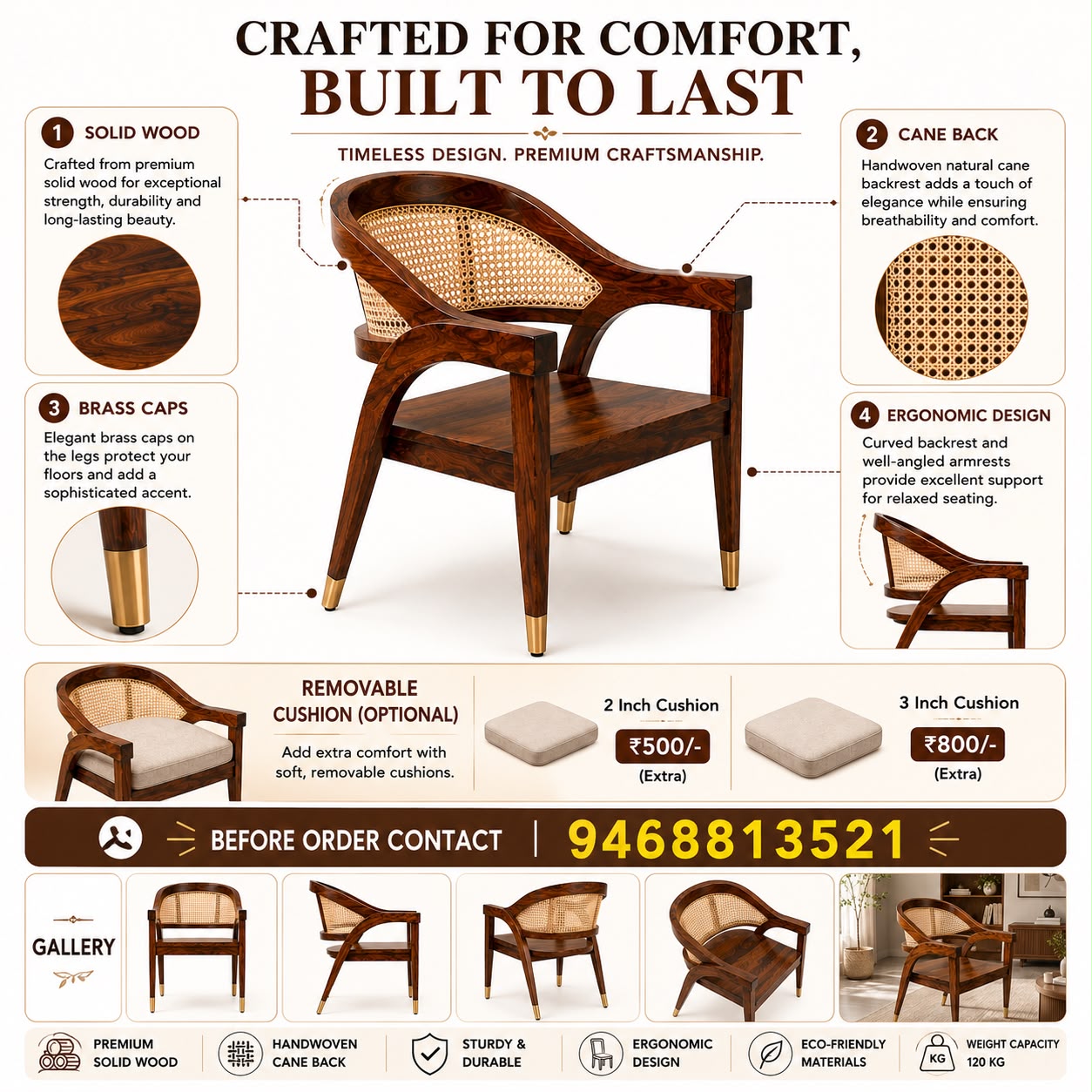 PremWood Solid Wood Cane Armchair – Handwoven Rattan Backrest, Ergonomic Wooden Accent Chair for Living Room & Bedroom