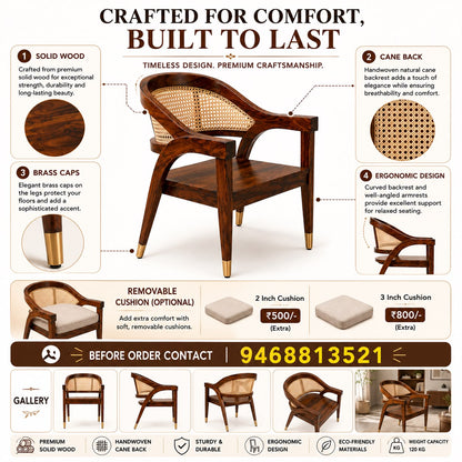 PremWood Solid Wood Cane Armchair – Handwoven Rattan Backrest, Ergonomic Wooden Accent Chair for Living Room & Bedroom