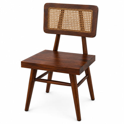 Premwood Solid Sheesham Wood Cane Dining Chair | Handwoven Rattan Backrest & Dark Walnut Finish